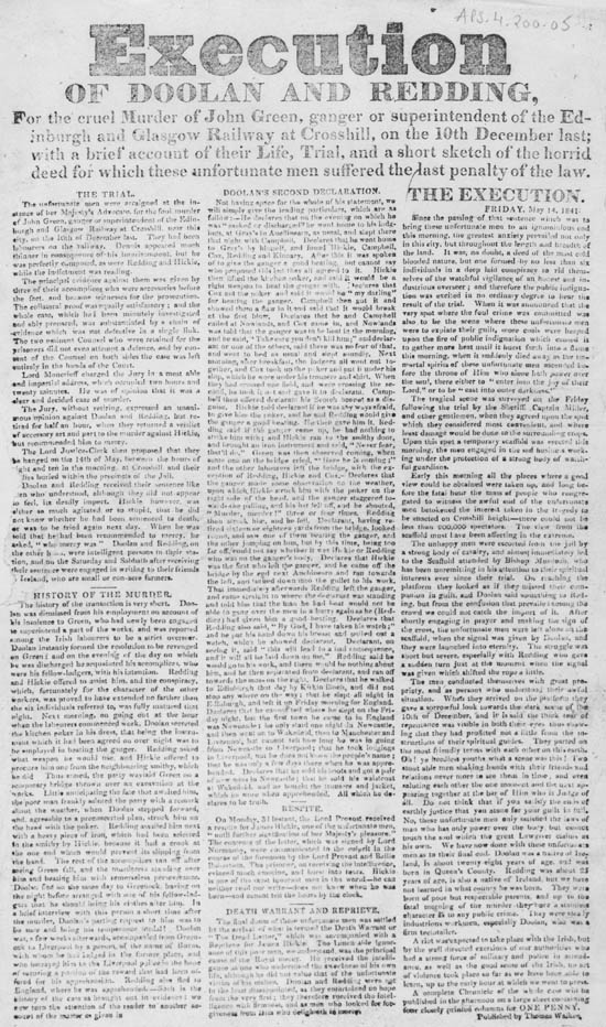 Broadside entitled 'Execution of Doolan and Redding' courtesy of the Word on the Street project at the National Library of Scotland.