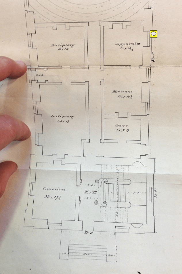Plan of interior of Lit and Phil Newcastle 1822  taken from the Reports, Papers & Catalogues of the Lit & Phil Society Newcastle upon Tyne 1822. Plus my eerily red fingers.