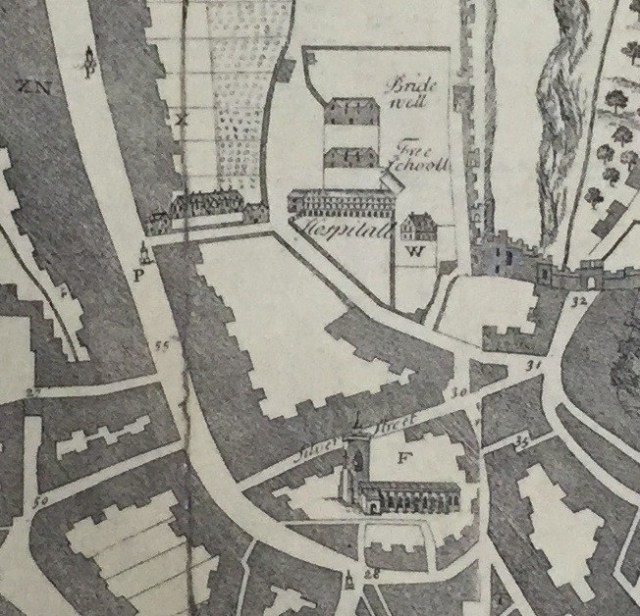 The Hospital listed here is the Holy Jesus Hospital detailed above, to the right of the hospital, in the image, is a building marked W. This is Barber Surgeons Hall and the land immediately to the south of it was its gardens.