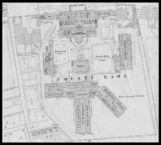 Extract from the 1st edition of the Ordnance Survey map of Durham showing the County Gaol, 1857. (Image courtesy of Durham County Record Office, ref. Durham Sheet xxvii.1.19) Click on image to enlarge. To the bottom right of the image you can see the 'South East' area of the jail where prisoners were executed.