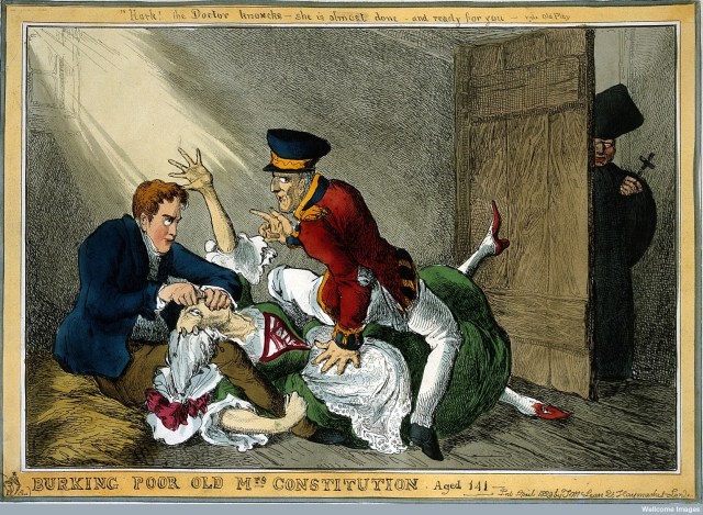 L0019663 Burke and Hare suffocating Mrs Docherty for sale to Dr. Knox Credit: Wellcome Library, London. Wellcome Images images@wellcome.ac.uk http://wellcomeimages.org Burke and Hare suffocating Mrs Docherty for sale to Dr. Knox; satirizing Wellington and Peel extinguishing the Constitution for Catholic Emancipation. Coloured etching 1829 By: William HeathPublished: April 1829 Copyrighted work available under Creative Commons Attribution only licence CC BY 4.0 http://creativecommons.org/licenses/by/4.0/