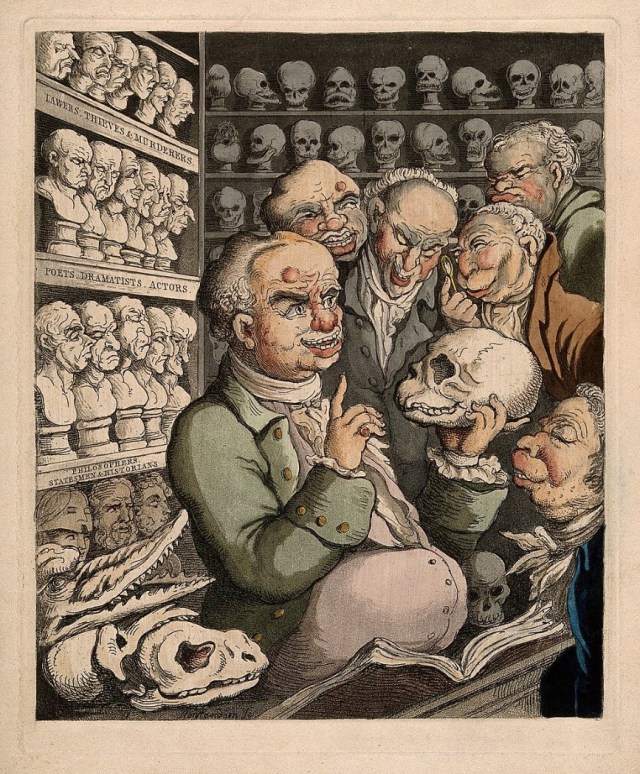 V0011105 Credit: Wellcome Library, London Franz Joseph Gall leading a discussion on phrenology with five colleagues, among his extensive collection of skulls and model heads. Coloured etching by T. Rowlandson, 1808. 1808 By: Thomas Rowlandson