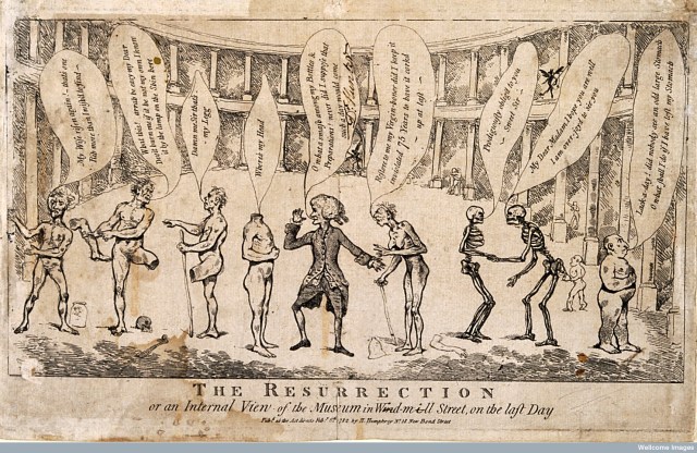 V0010453 Credit: Wellcome Library, London William Hunter (1718-1783) in his museum in Windmill Street on the day of resurrection, surrounded by skeletons and bodies, some of whom are searching for their missing parts. Engraving, 1782. 1782 Published: H. Humphrey,London (No. 18 New Bond Street) : 8 February 1782 Size: platemark 18.8 x 31.2 cm. Collection: Iconographic Collections Library reference no.: ICV No 10708 Full Bibliographic Record Link to Wellcome Library Catalogue Copyrighted work available under Creative Commons Attribution only licence CC BY 4.0 http://creativecommons.org/licenses/by/4.0/