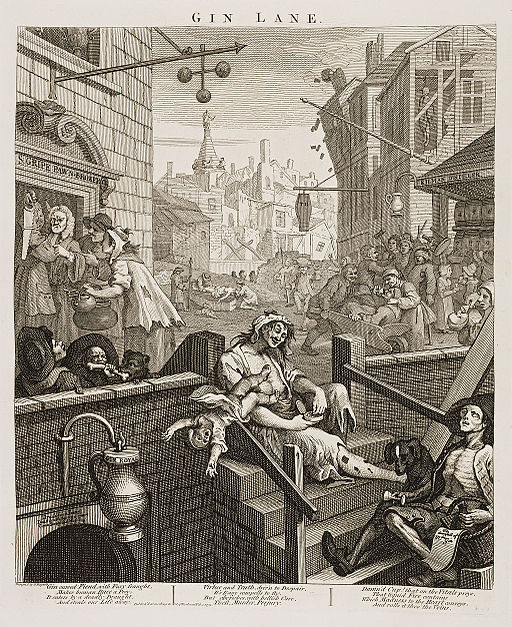 William Hogarth Gin Lane Description English: Gin Lane, from Beer Street and Gin Lane. A scene of urban desolation with gin-crazed Londoners, notably a woman who lets her child fall to its death and an emaciated ballad-seller; in the background is the tower of St George's Bloomsbury. February 1751. Image courtesy of WIkimedia Commons.
