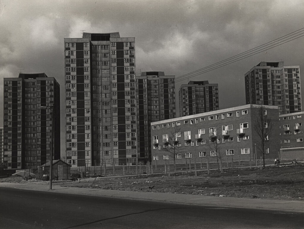 Black and white photograph of Cruddas Park flats (1965). Image courtesy of Newcastle Libraries