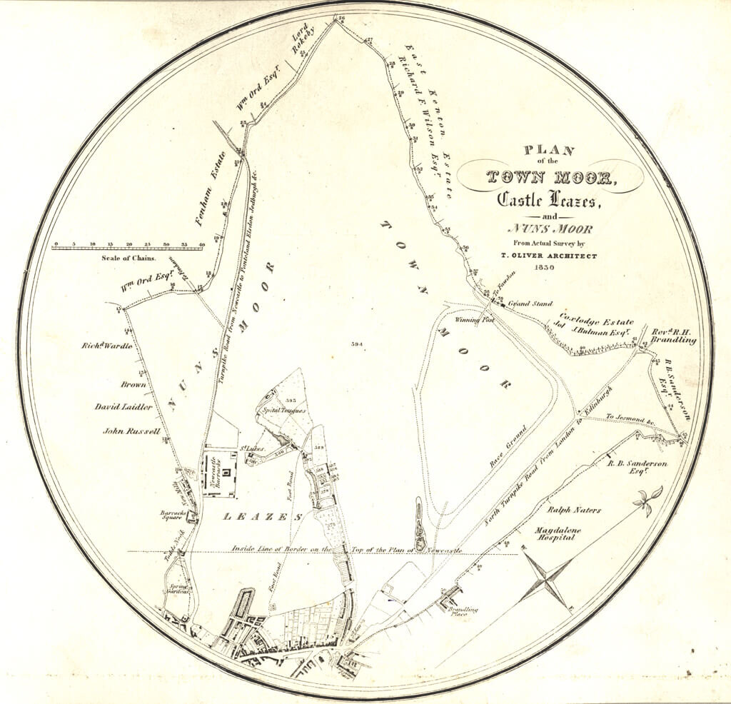The Town Moor and its triangular race track and Grand Stand shown on the right hand side of Thomas Oliver’s 1830 map. Plan of the Town Moor, Castle Leazes and Nuns Moor from an actual survey by Thomas Oliver 1830. Image courtesy of Newcastle Librari…