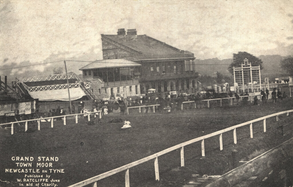 Undated photo of the Grand Stand and race course on the Town Moor. The Grand Stand was damaged in a fire in the December of 1844 so this may well be the later rebuild. Image courtesy of Newcastle Libraries 065870.